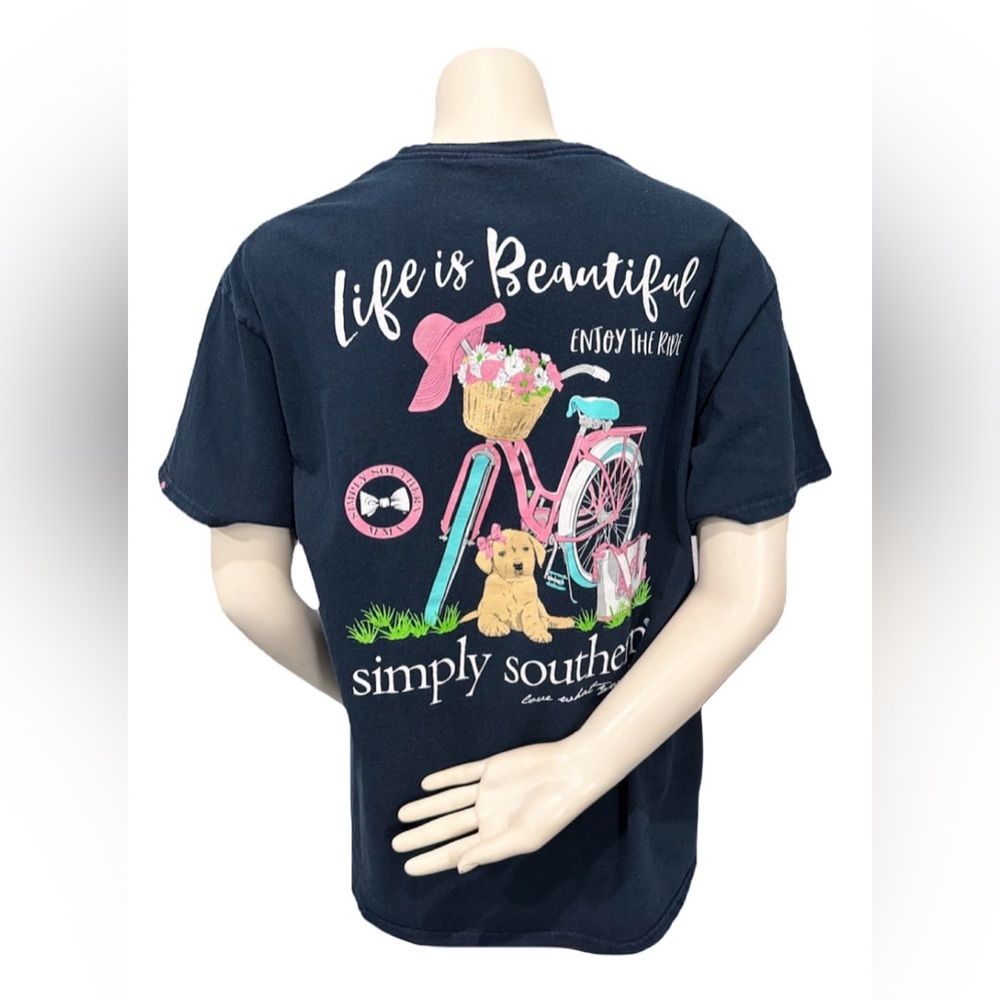 Simply Southern Life Is Beautiful Ride Bike Puppy Graphic Tee Shirt Women L Navy